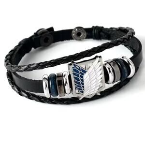 Attack on Titan Survey Corps Bracelet – Black Leather Anime Wristband